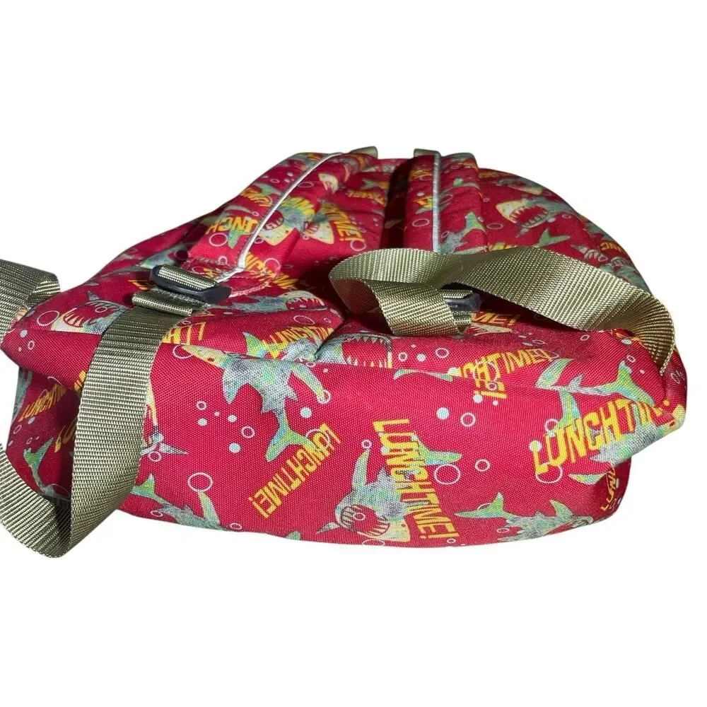 LL Bean Junior Backpack Multicolor Shark Pattern Padded Book Bag With Lunch Bag